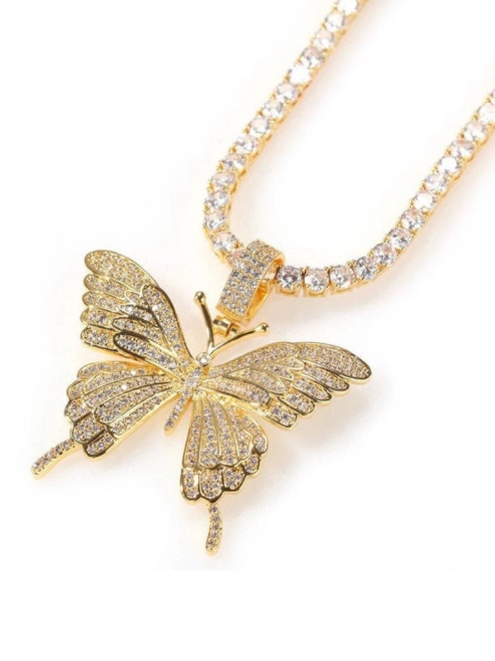 Gold Butterfly Pendant Necklace with Clear Crystals 16inch